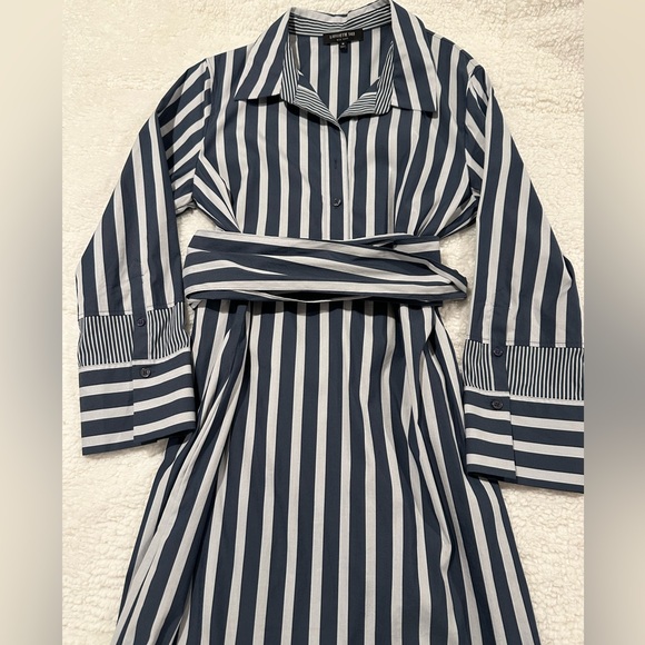 Lafayette 148 Fabiola Twilight Dungaree Blue Stripe Long Sleeve Belted Shirtdres - Picture 6 of 9